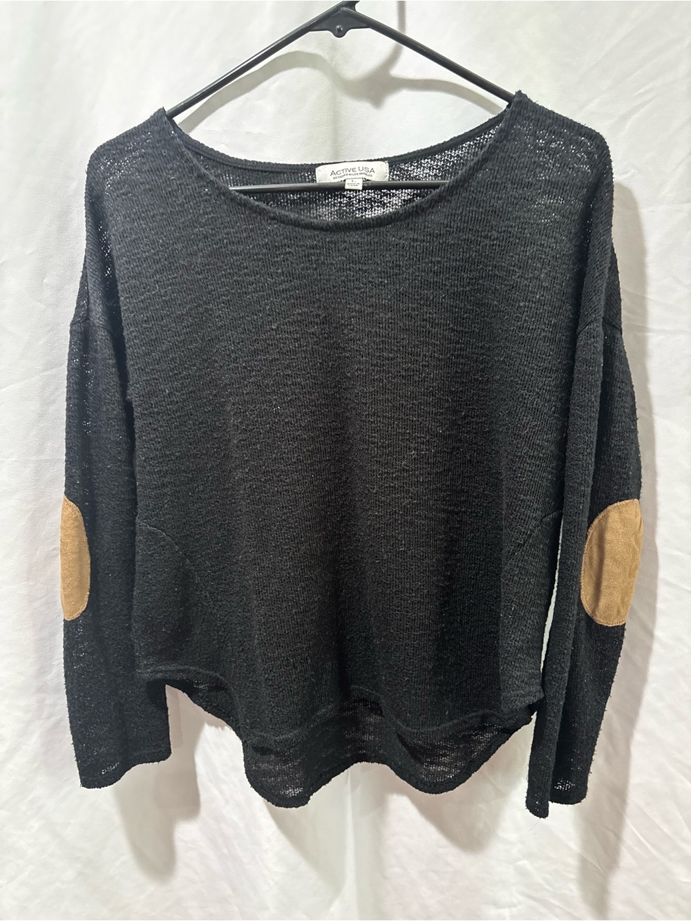 Active USA Black Knit Pullover with Tan Elbow Patches for Style